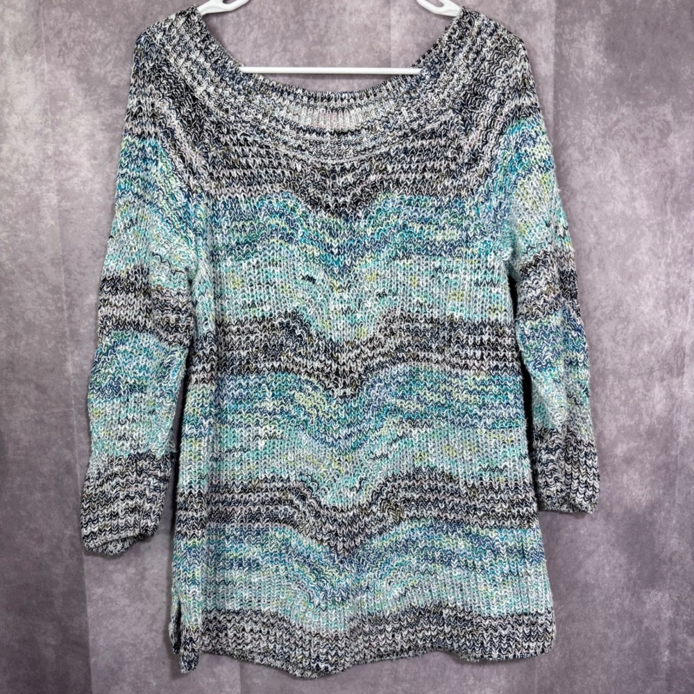 J Jill Sweater Women's Medium Blue Green Knit Off Shoulder Boat Neck 3/4‎ Sleeve